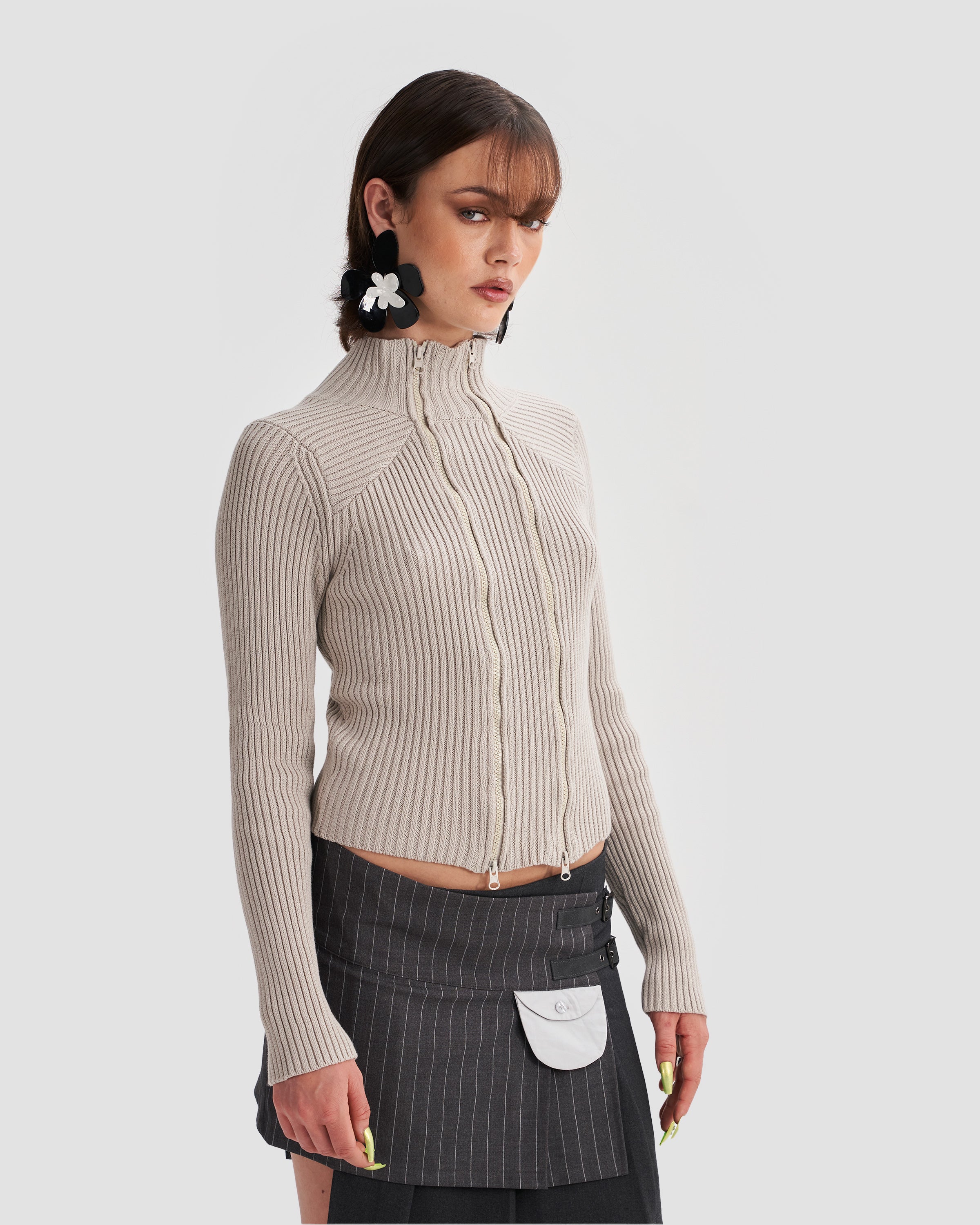 Ribbed Knit Double Zip Cardigan in Washed Beige – Heretic Ribbed Knit Double Zip Cardigan in Washed Beige – Heretic