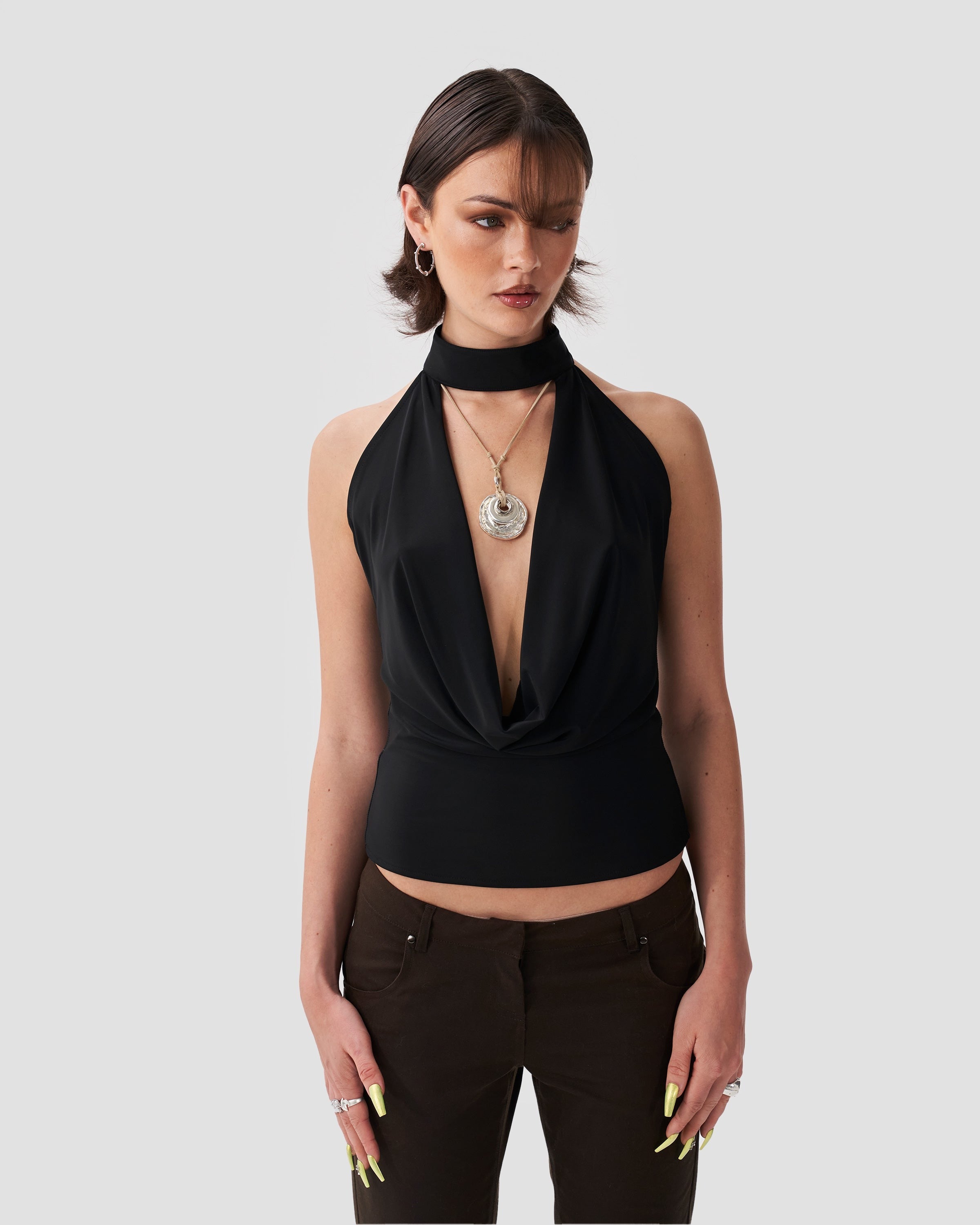 Plunge Cowl Halter Neck Top with Buckle in Black