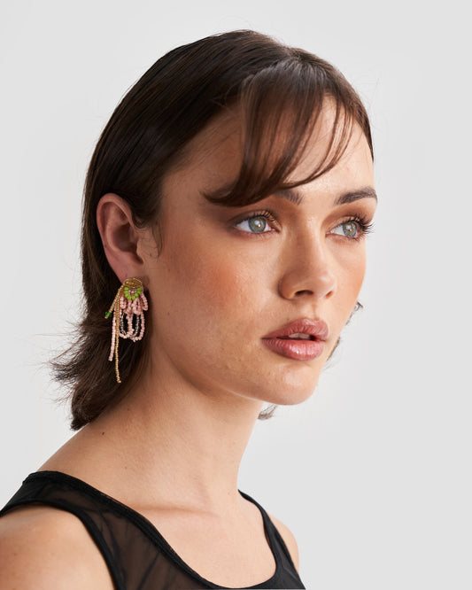 Layered Bead Drop Earrings in Green and Pink