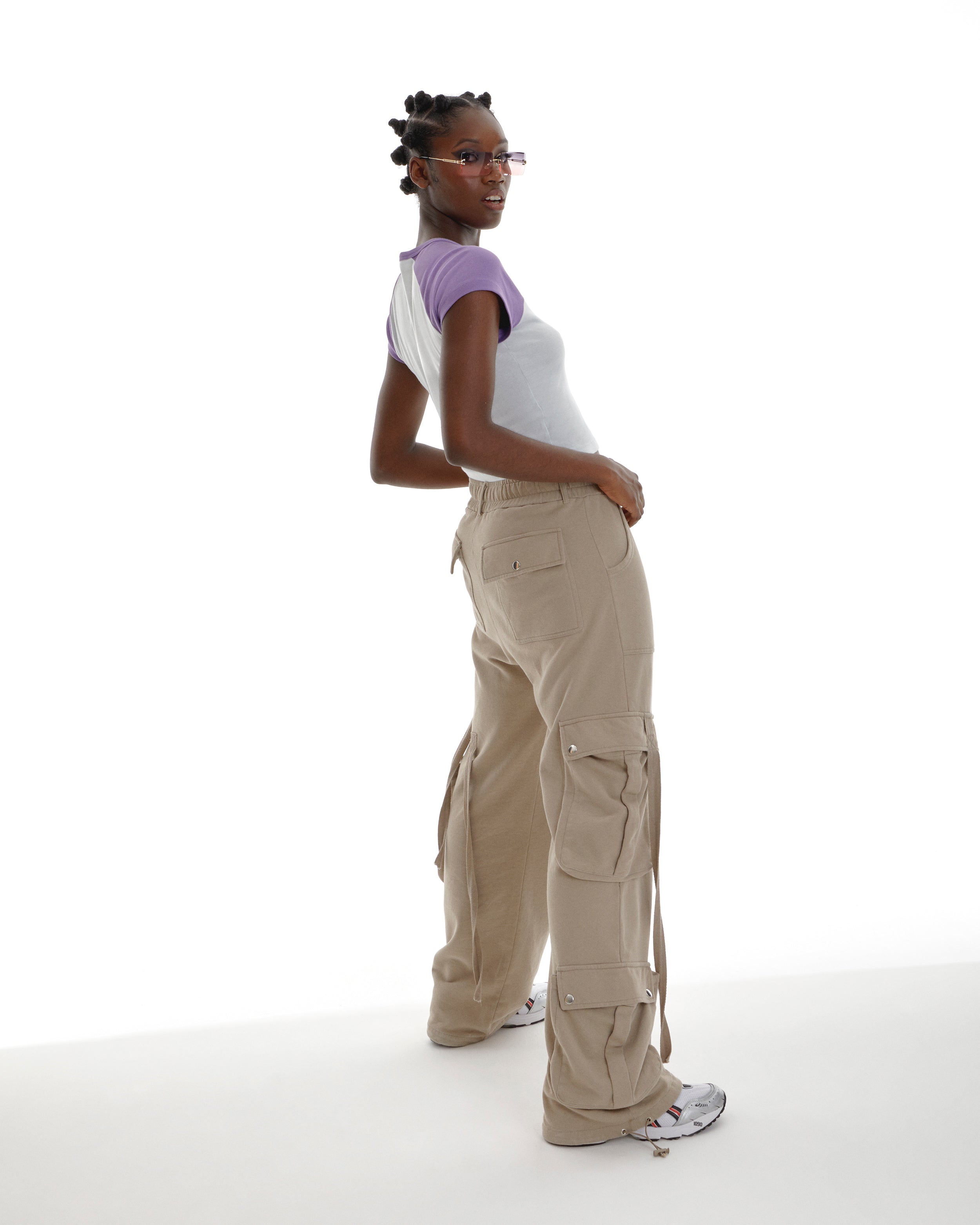 Chillax Y2K Low Rise Loose Fit Cargo Trousers With Loops And Straps In Beige