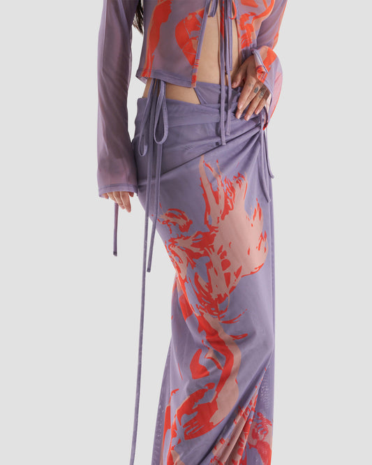 Modern Co-Ord Printed Mesh Wrap Maxi Skirt with Tie Detail in Purple