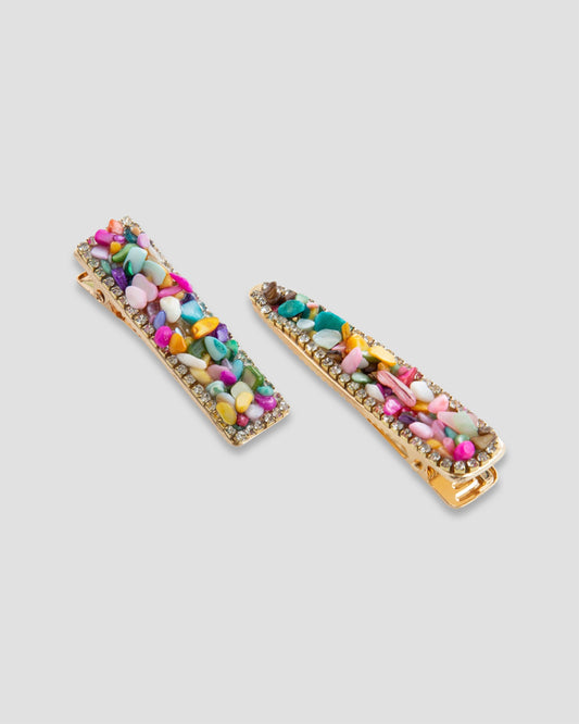ITS Hair Clips With Multicolour Seashell Beads In Gold