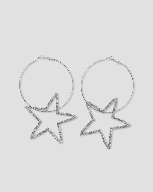 Trance Studded Hoop Star Earrings In Silver