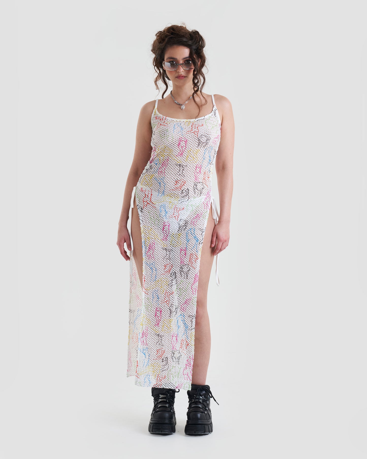 Au Naturel Graphic Maxi Cover Up Dress with Drawstrings and Thigh Split in Multicolour