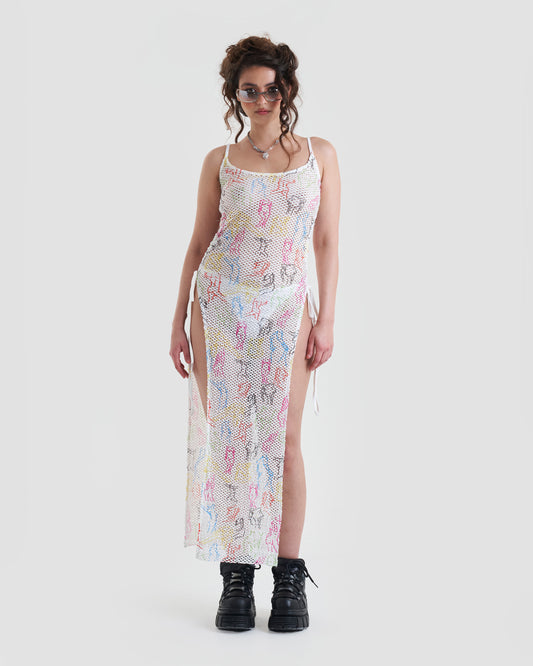 Au Naturel Graphic Maxi Cover Up Dress with Drawstrings and Thigh Split in Multicolour