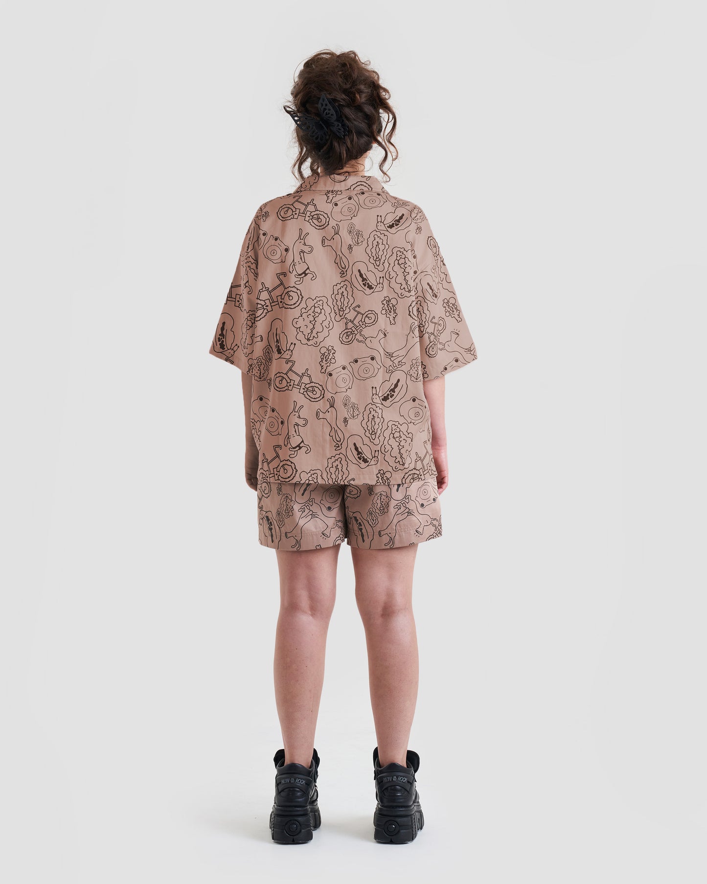 Taboo Oversized Baggy Button Up Shirt with Graphic Print in Light Brown