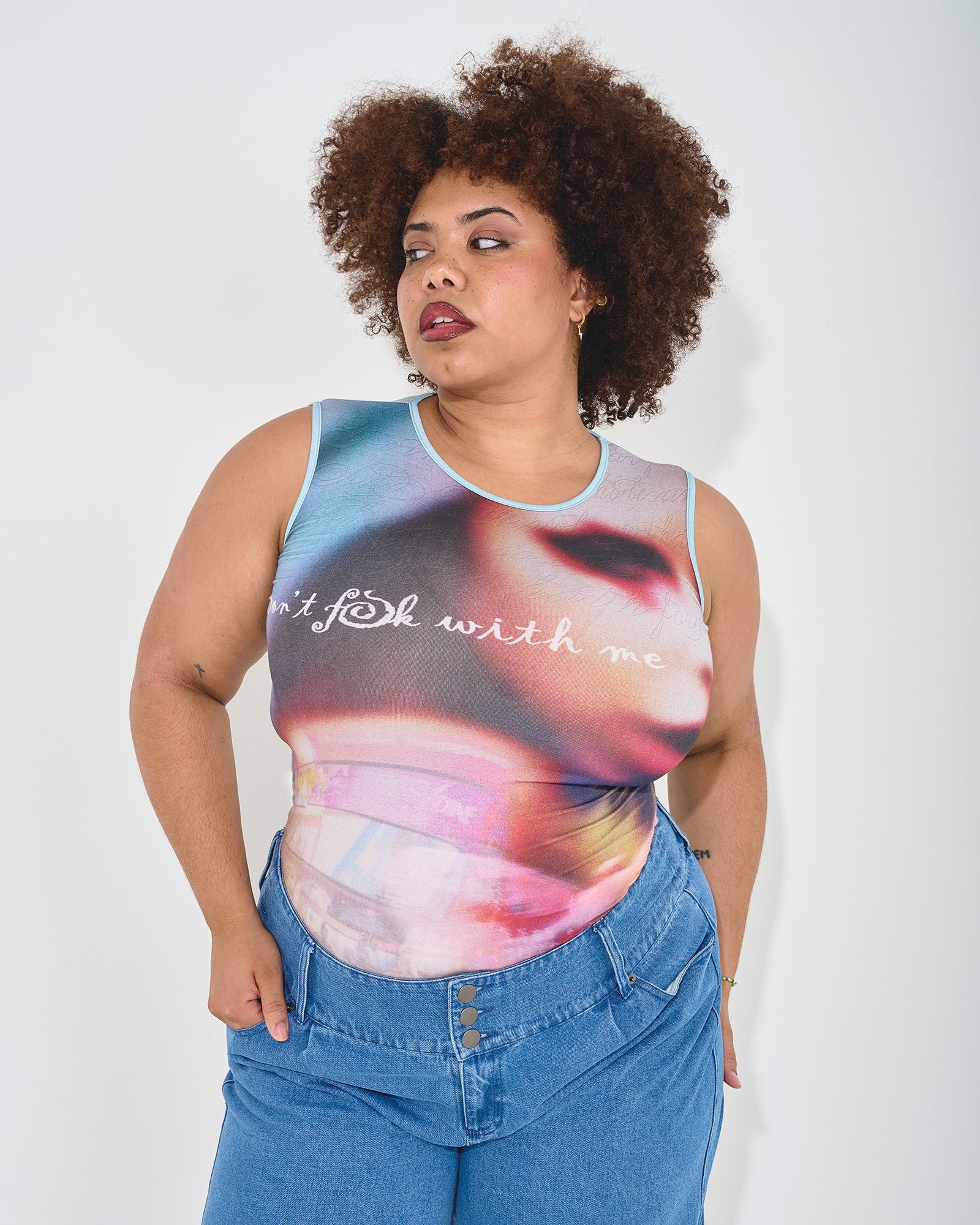 printed tank top jersey mesh embroidered