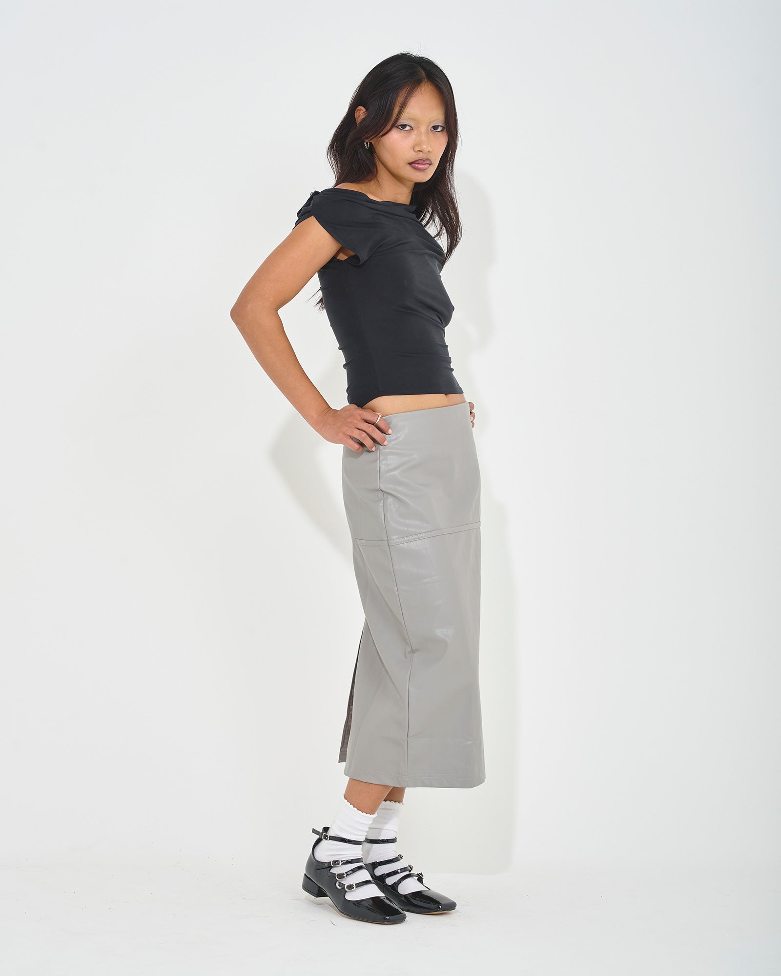 midi pencil skirt vegan leather faux