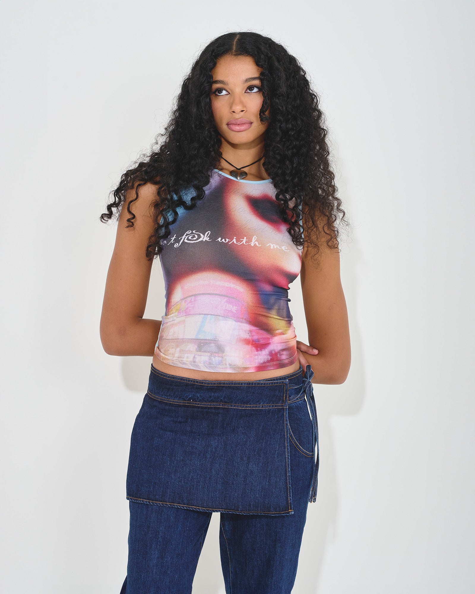 printed tank top jersey mesh embroidered