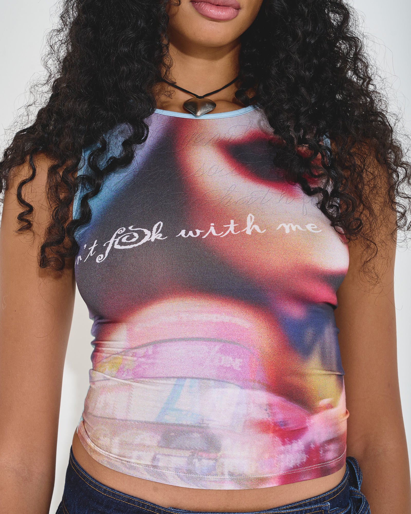 printed tank top jersey mesh embroidered