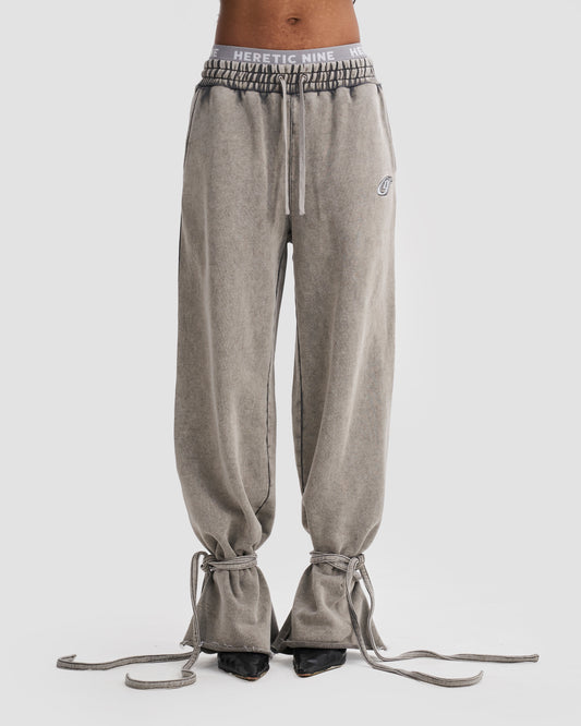 Wide Leg Adjustable Joggers in Stone Washed Grey