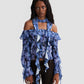 Off-Shoulder Sheer Textured Blouse with Print in Blue