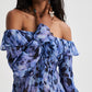 Off-Shoulder Sheer Textured Blouse with Print in Blue