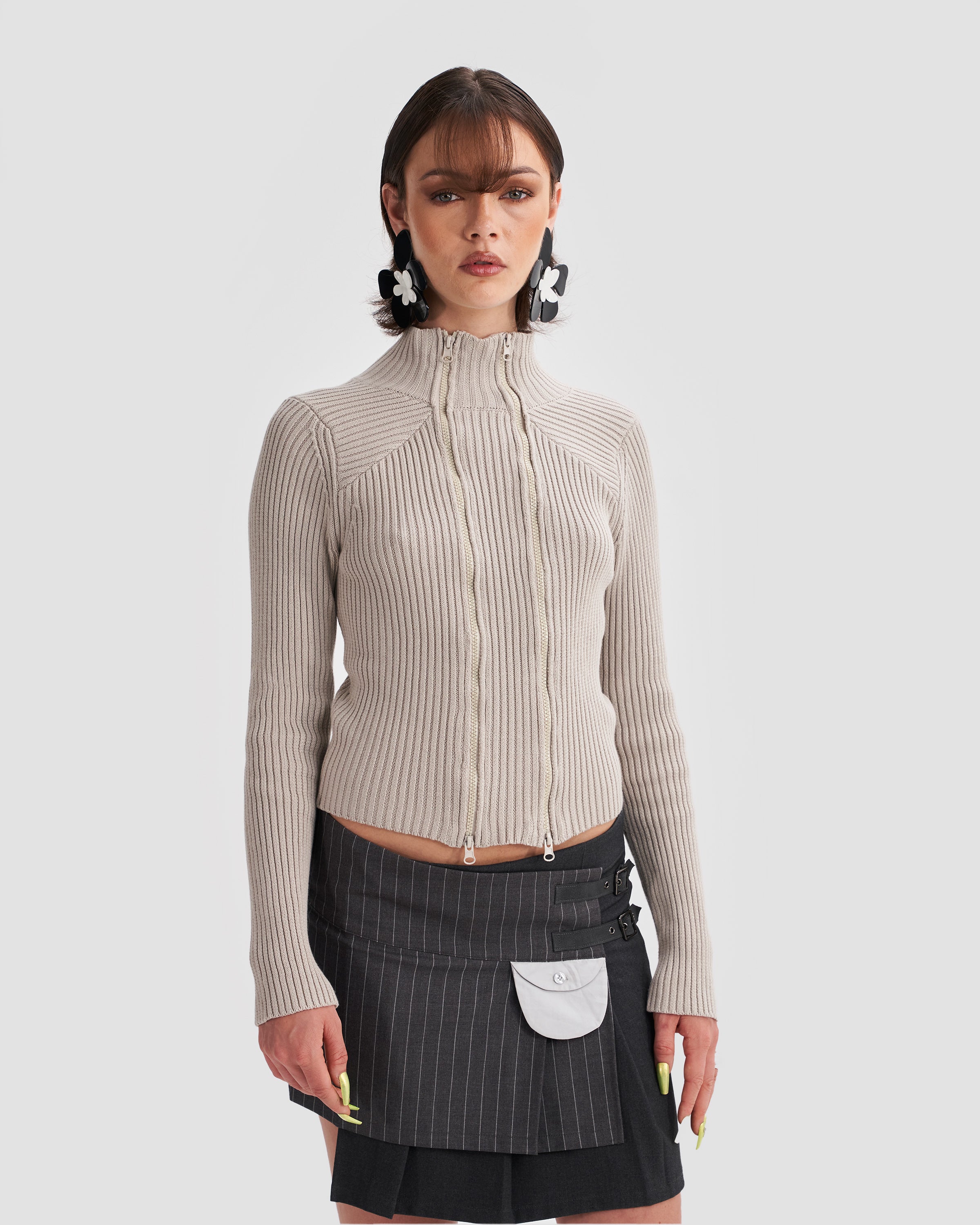 Ribbed Knit Double Zip Cardigan in Washed Beige