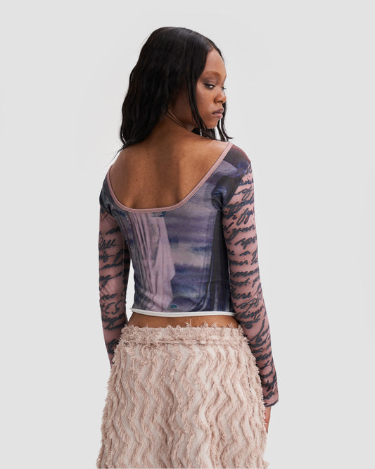 Open Back Long Sleeve Top with Print in Brown