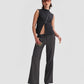 Low-Rise Tailored Pinstripe Trousers with Buckle in Dark Grey