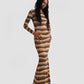 Open Back Long Sleeve Mermaid Maxi Dress with Print in Beige