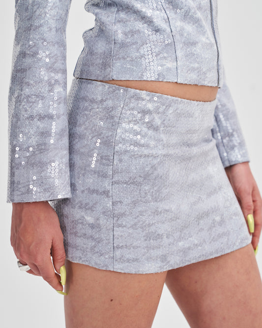 Sequin Micro Skirt Co-Ord with Print in Silver