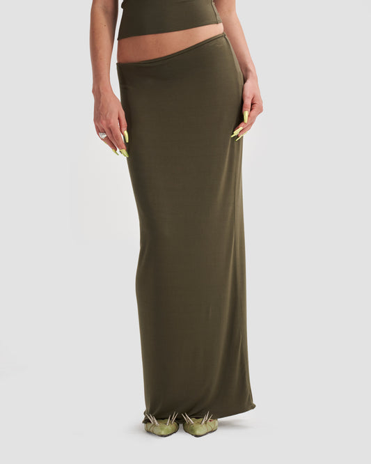 Fitted Jersey Maxi Skirt Co-Ord in Khaki
