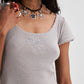 Knitted Scoop Neck T-Shirt with Embroidery in Grey