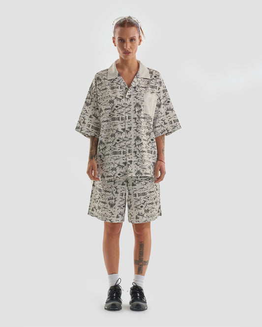 No Regrets Oversized Short Sleeve Shirt with Tattoo Print in Ecru