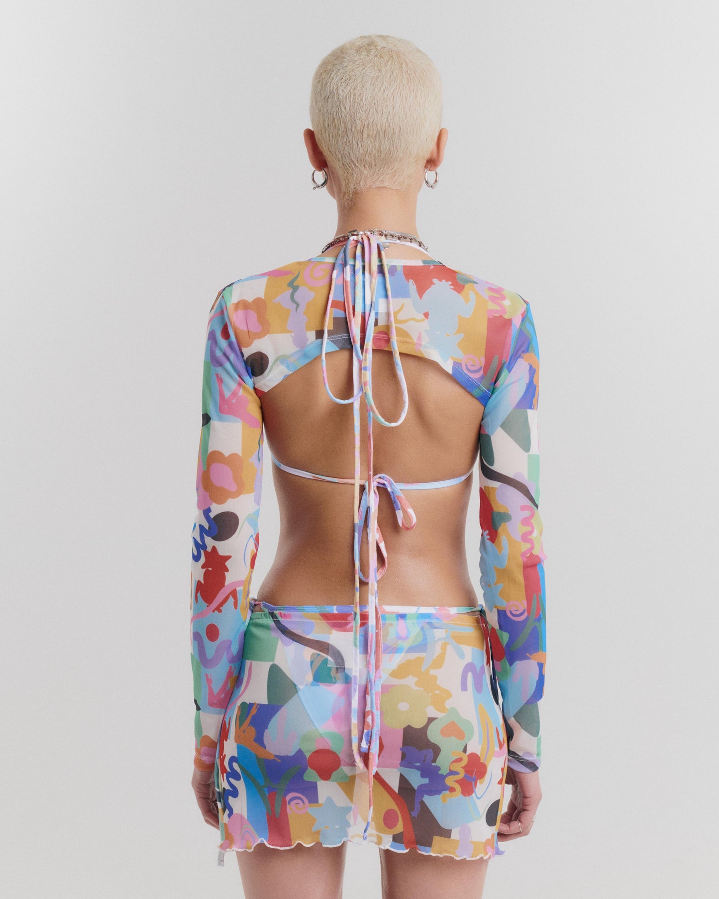 Teeny Mesh Long Sleeve Crop Shrug Top with Graphic Print in Multicolour