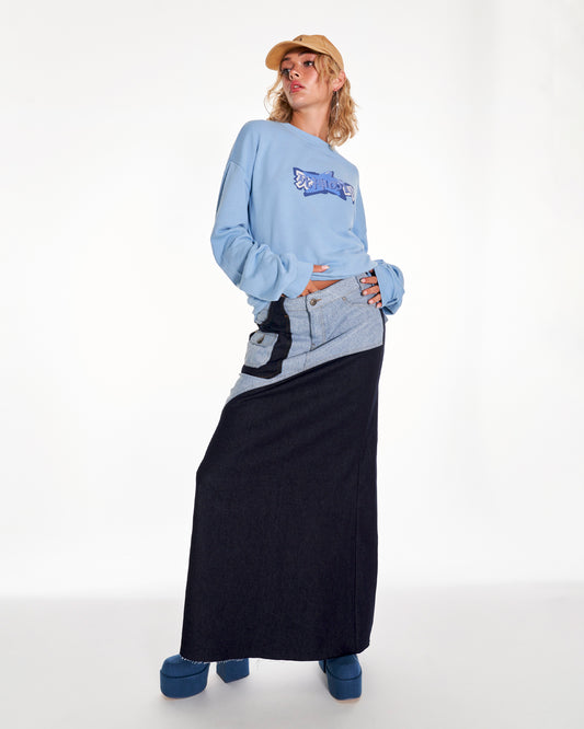 Sweet Tragedy Denim Patchwork Maxi Skirt In Blue