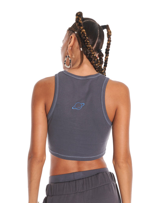 Space Cowboy Crop Tank Top With Embroidery In Dark Grey