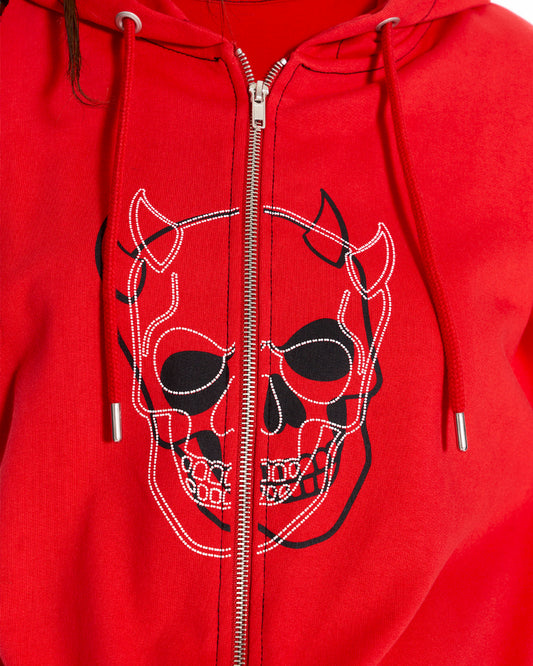 Devilish Staple Oversized Zip Up Hoodie With Graphic In Red