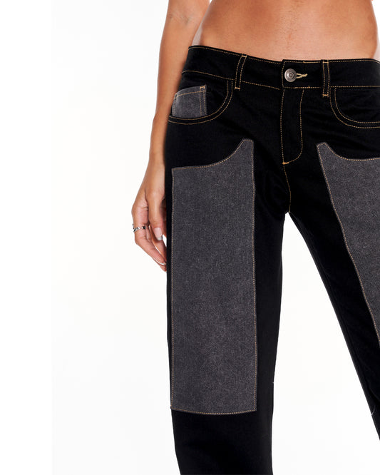 Higuchi Low Rise Straight Leg Jeans In Blue and Grey Contrast