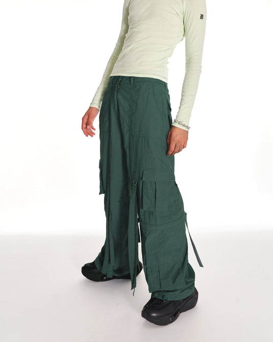 Green Knight Parachute Cargo Trousers With Tassels In Green
