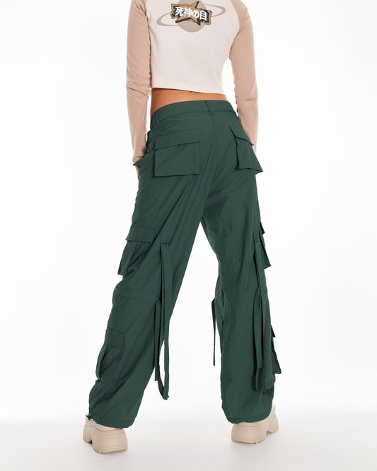 Green Knight Parachute Cargo Trousers With Tassels In Green