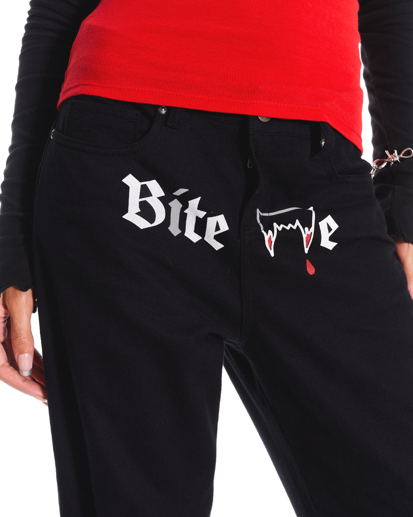 Bite Me Low Rise Straight Leg Denim Jeans With Graphic In Black
