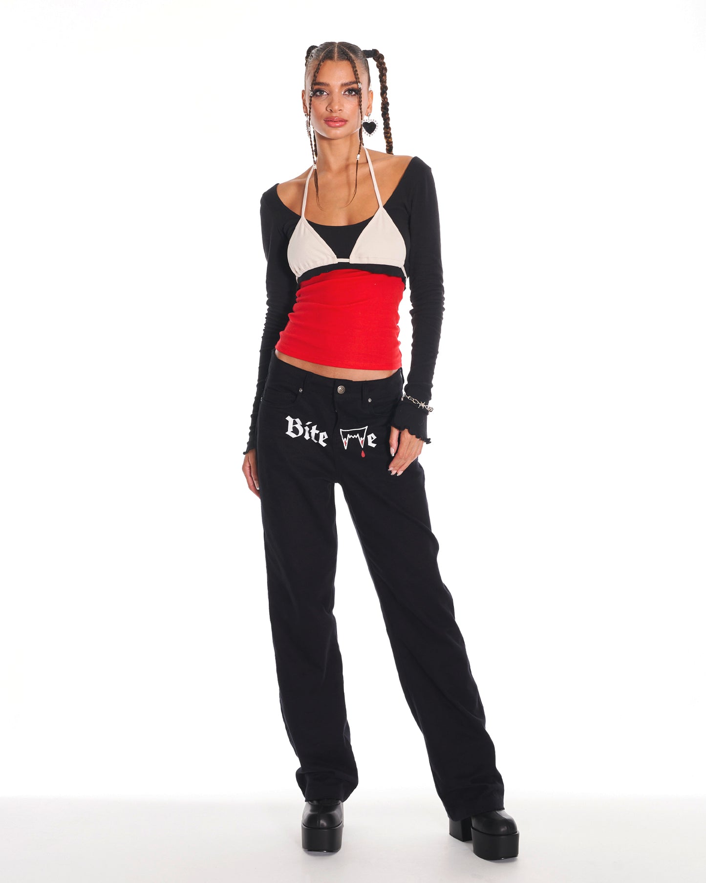 Bite Me Low Rise Straight Leg Denim Jeans With Graphic In Black