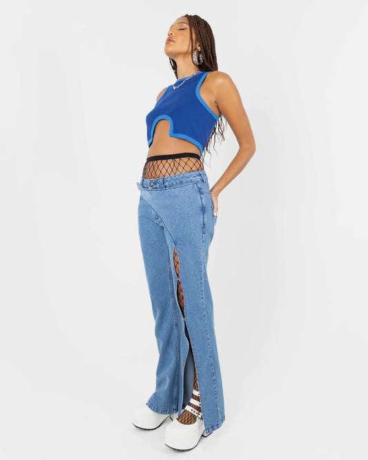 Blade Low Waist Flared Denim Jeans With Cut Out In Blue