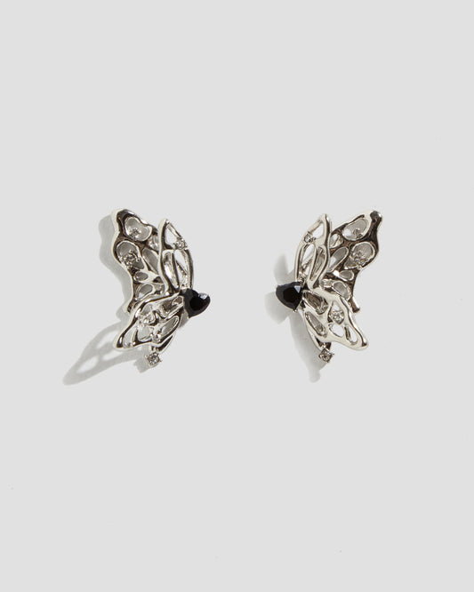 Elusive Asymmetric Butterfly Drop Earrings with Stone in Silver