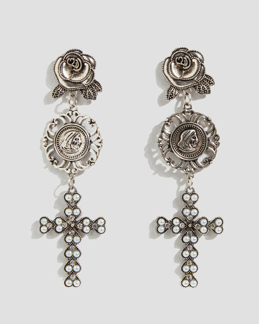 Unholy Cross Drop Earrings with Rose Design in Silver