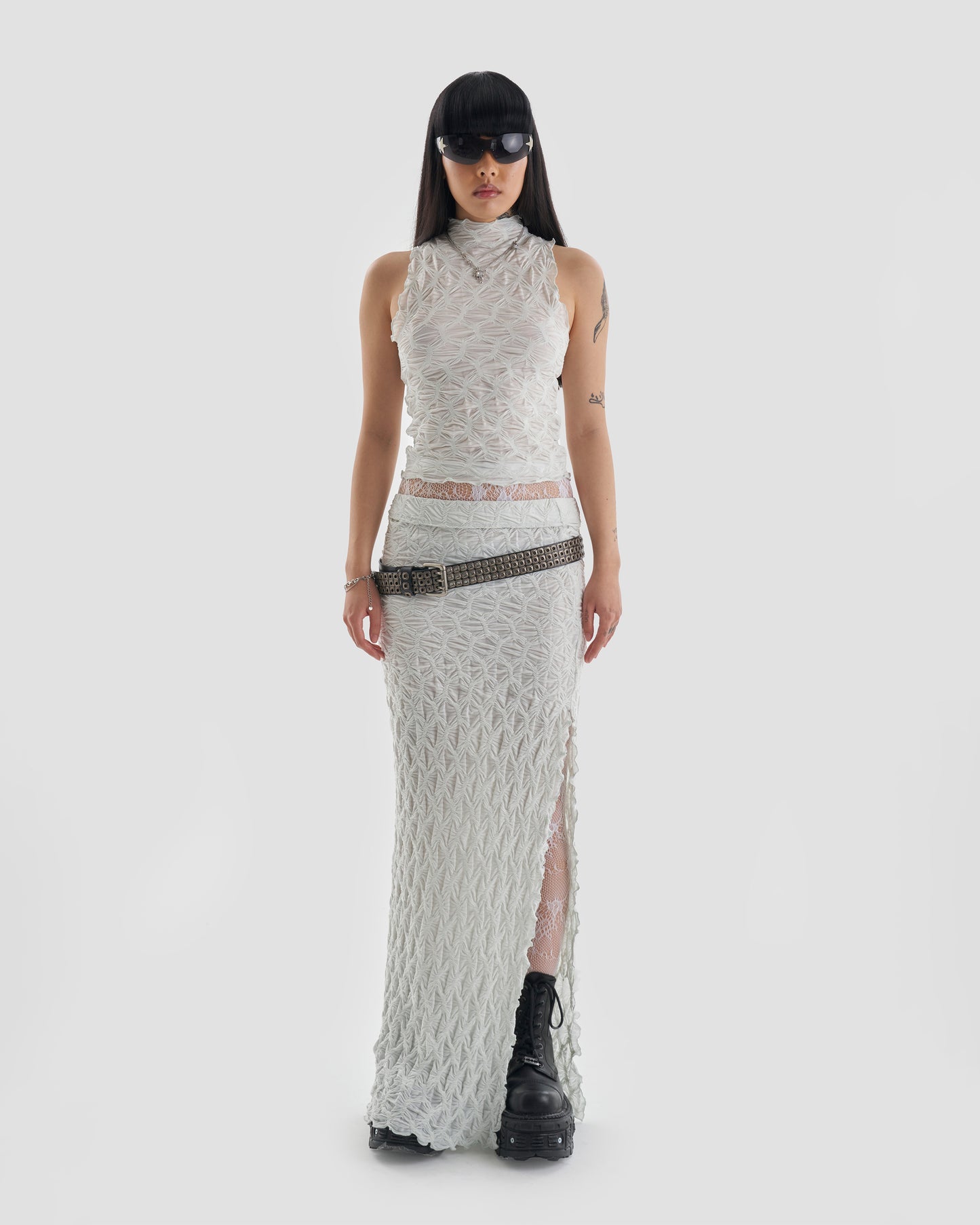 Members Co-Ord Waffle Textured Maxi Skirt in Light Grey