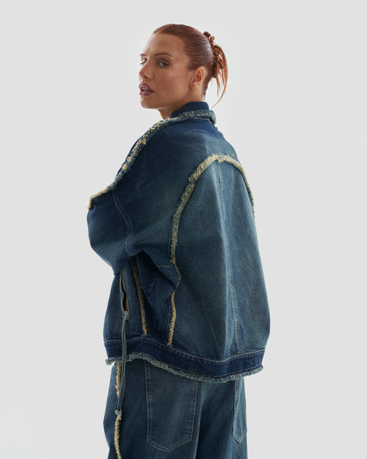 Hedonism Co-Ord Oversized Denim Distressed Jacket with Frayed Seams in Bleached Wash