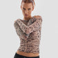 Club Kid Mesh Fitted Long Sleeve Top with Tattoo Print in Nude