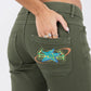 Poison Ivy Low Rise Lace Up Flared Denim Jeans With Thong Detail In Khaki