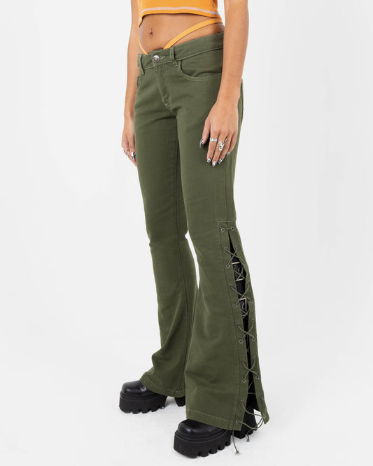 Poison Ivy Low Rise Lace Up Flared Denim Jeans With Thong Detail In Khaki